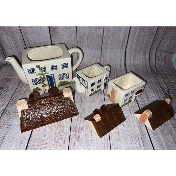 Haldon Group Blue Cream Ceramic Kitchen English Cottage Village Town Tea Set 3x - Picture 5 of 16